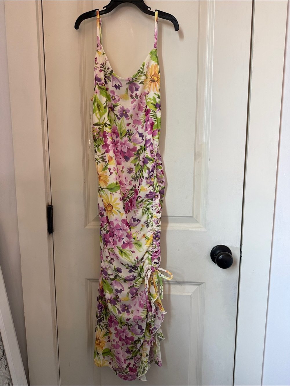 NWT Floral Spaghetti-Strap Maxi Dress in White and Purple and Yellows